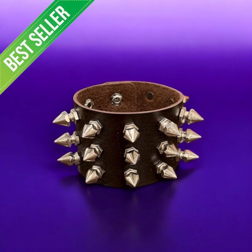 Spiked Brown Leather Wide Y2K Wristband Adjustable Goth Rock Punk Bracelet Women